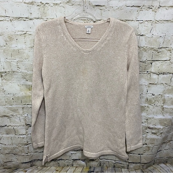 LL Bean Beige Cotton Knit V Neck Tunic Length Sweater - Picture 1 of 5
